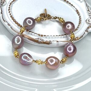 Handmade Freshwater Pink Edison Big Pearl Gold Plated Bracelet